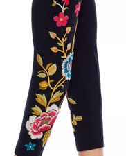BNWT Johnny Was Celina Floral Embroidered Stretch Cotton Leggings Black L 115