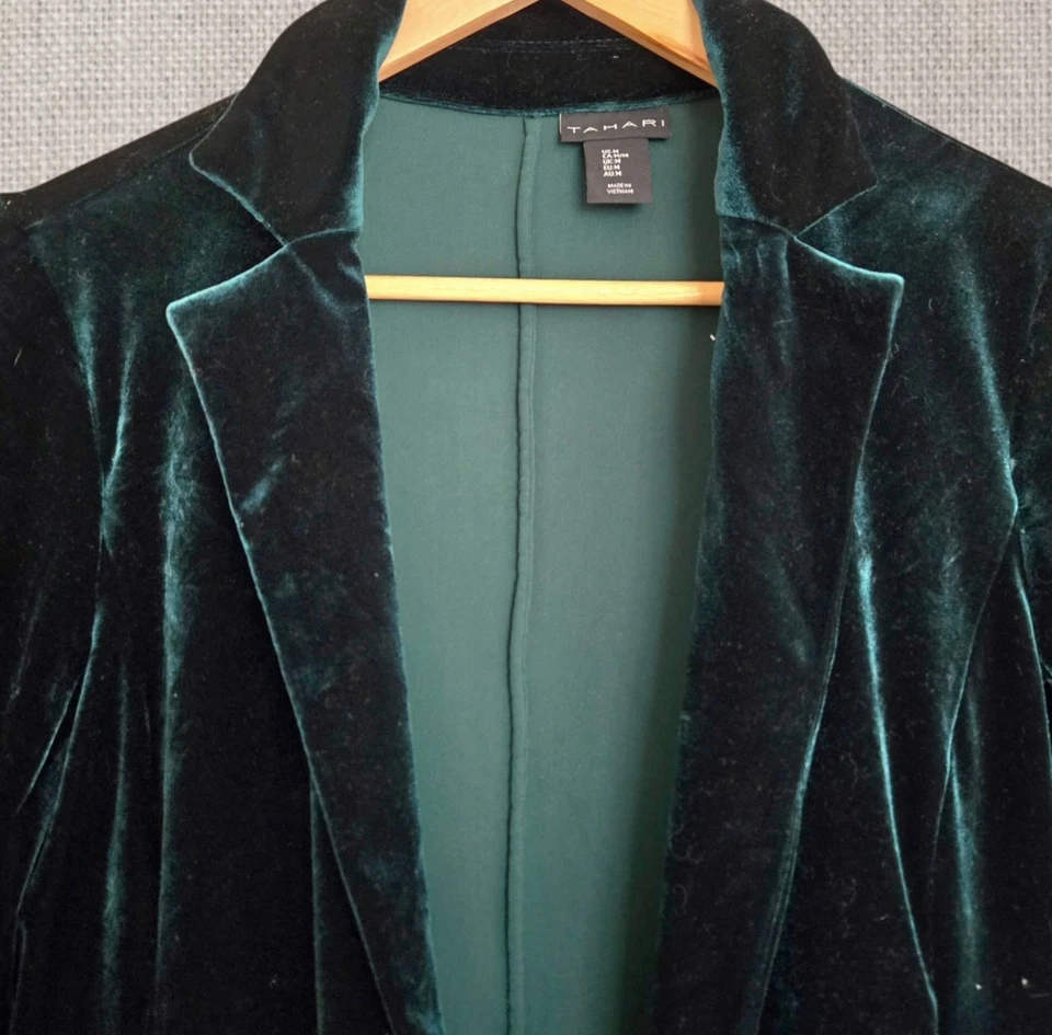 Chaqueta Blazer Tahari Bosque Profundo Verde Terciopelo Vacaciones Capricho Hadas Chaqueta/M Foto 3 de 4