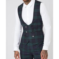 Twisted Tailor Ginger Skinny Fit Green Tartan Wool Waistcoat Skull Lining 40R