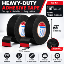 2 Rolls 50Ft Automotive Wire Harness Cloth Tape Heat Resistant  W 15MM, L 15M