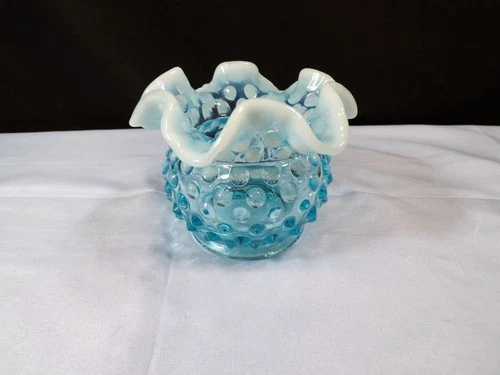 Fenton Blue Opalescent Hobnail Glass Small Rose Bowl Vase 3" Tall INV2