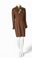 CAROLINA HERRERA Sheath Dress Faux Fur Leopard Trim Striped Brown Wool sz 12