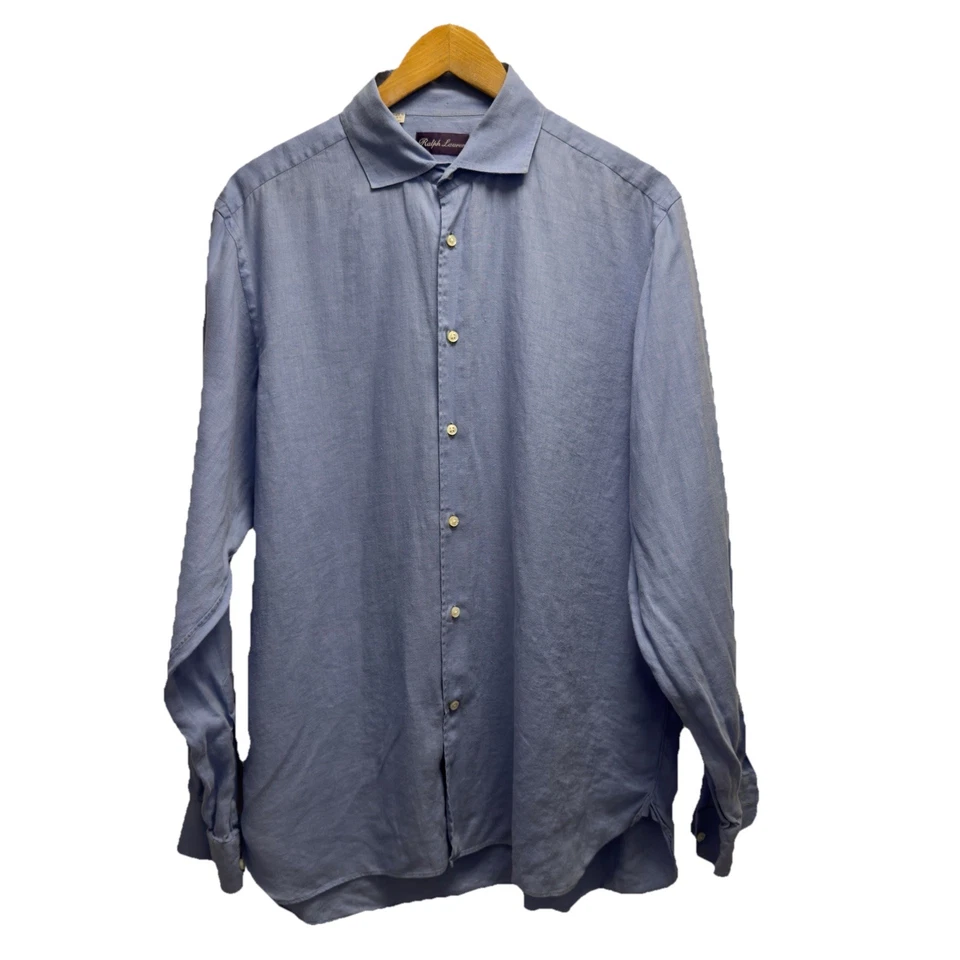 Рубашка Ralph Lauren Purple Label мужская размер 16,5 светло-голубая льняная L/S на пуговицах спереди - Изображение 2 из 4