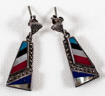 Native American Silver 92.5 Red Turquoise Black White Blue Southwestern Earrings