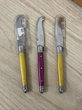Laguiole Jean Dubost French Lot of 3 Cheese Knifes Yellow & Purple Gently Used