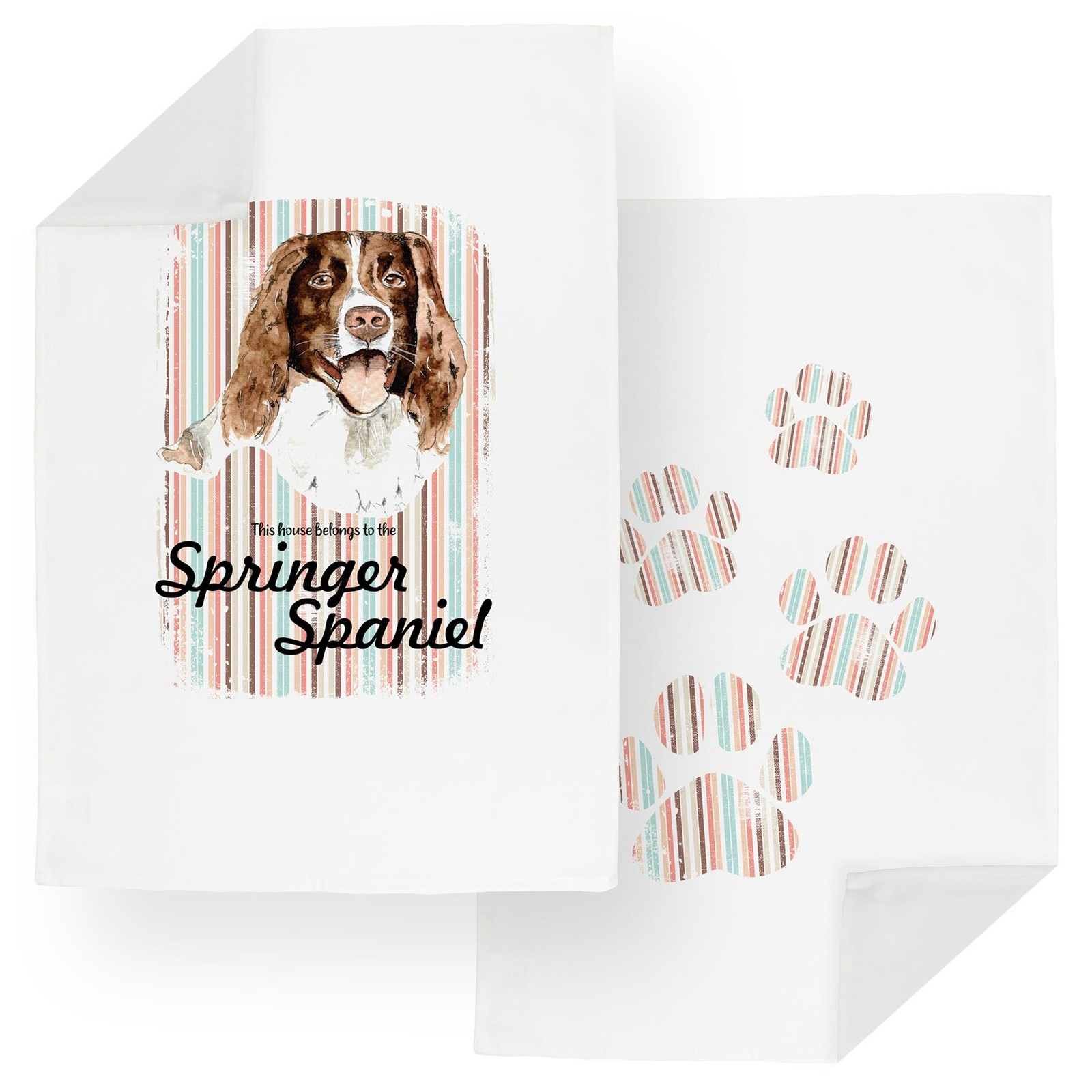 Springer Spaniel Tea Towel Set - Novelty Dogs & Paw Prints Kitchen Linens Gifts