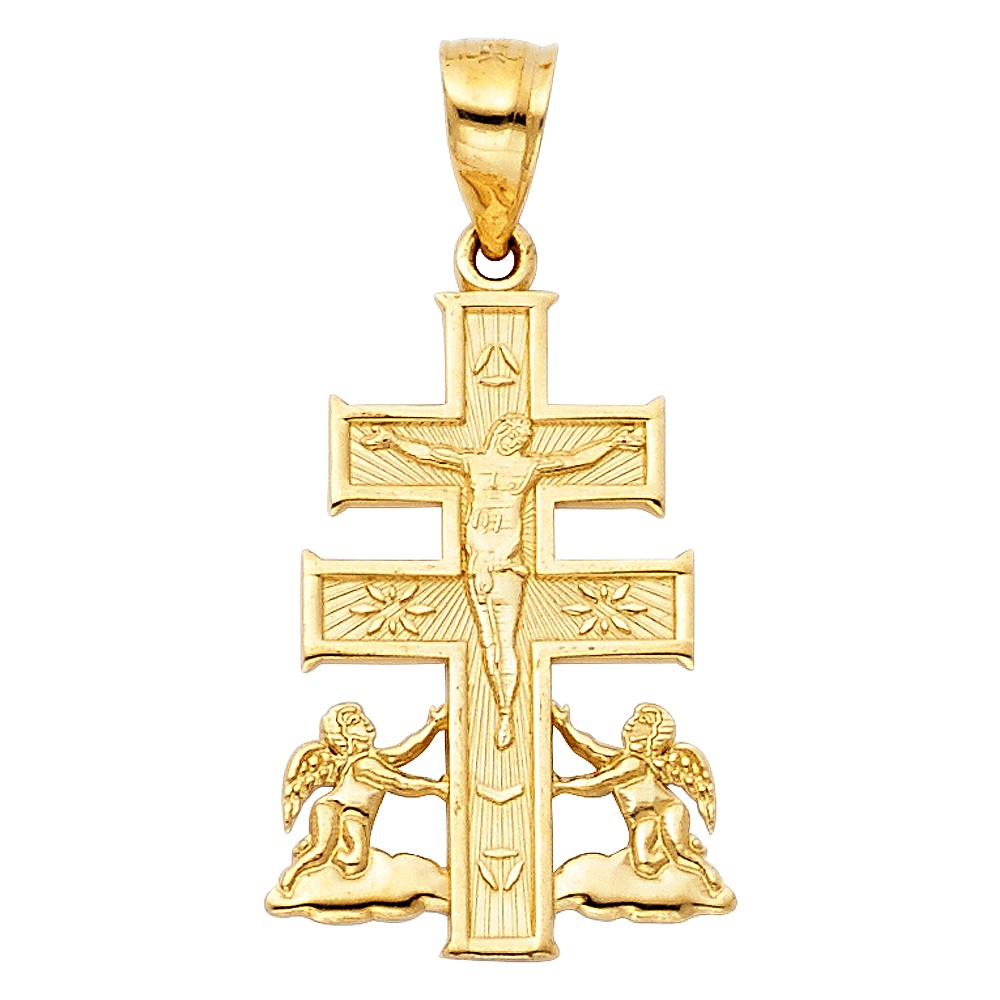 Colgante Crucifijo Caravaca Oro Amarillo 14k Cruz Ángeles Católicos Oración Dije