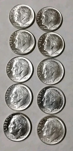 Lot of 10 90% Silver 🔥Roosevelt Dimes🔥 1964 P + D AU/BU $1 Face #1