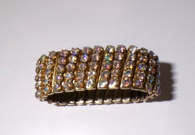 Vintage Aurora Borealis Rhinestone Gold Tone Stretch 6'' - 8'' Bracelet 1'' Wide