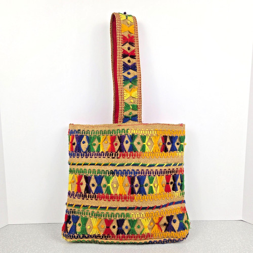 Vintage 70's Burlap Purse Hand Bag Tote Embroidered Yarn Handmade by Ruth 11"