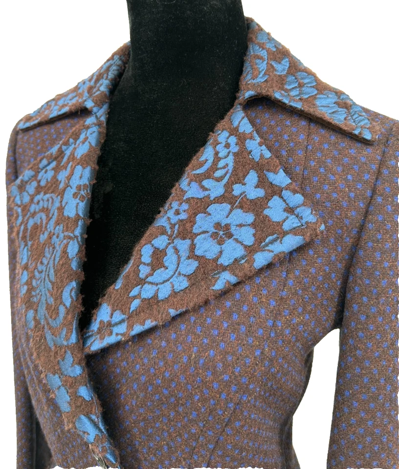 Blazer Etro Milano Mujer Sencillo Pecho EU46 US10 Marrón Azul Cuadros Lana Floral Foto 4 de 4