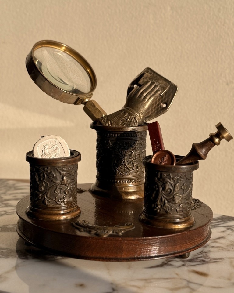 A footed antique round wooden desk set with brass acanthus leaf details and twin inkwells — looks like it was plucked from a Victorian solicitor's office.