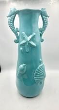 Beautiful Large Nautical Ceramic Vase with light blue glaze seahorse handles