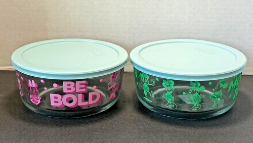 Pyrex Disney Minnie Mouse "Be Bold" 7-Cup Glass Food Storage Bowls with Lids - Picture 1 of 9