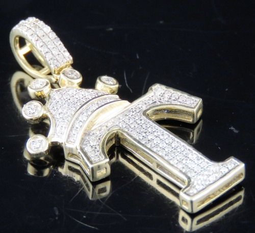 10K Gelbgold Diamant Krone Initiale T Buchstabe Anhänger 0,29 ct 1,5" - Bild 1 von 4