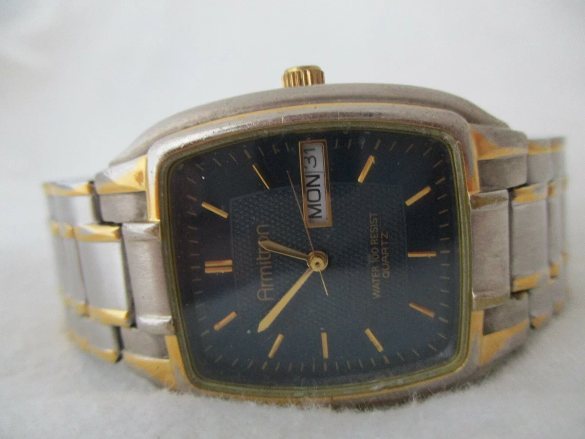 Armitron Watch Silver Gold Toned Band Rectangular Blue Face Day