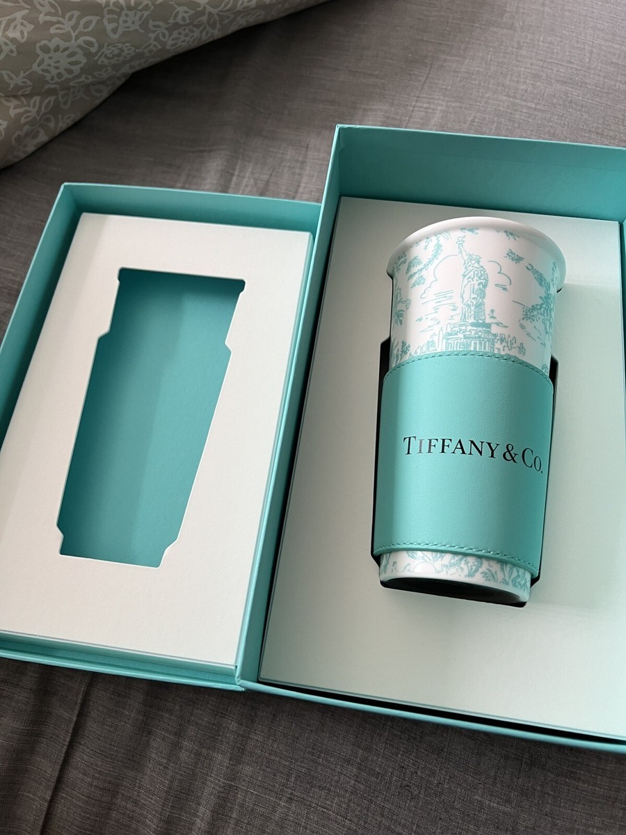 Tiffany Toile Tall Coffee Cup w/Leather Sleeve NYC Landmark Tiffany Toile Tall Coffee Cup w/Leather Sleeve NYC Landmark