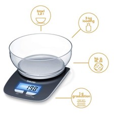 Image of Beurer KS25 Digital Kitchen Scale w/ 1.2L Bowl Tare Weighing Kg g lb oz 3kg Max
