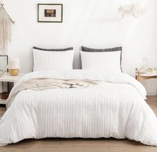 WARMDERN White Boho Duvet Cover Set King Size, Striped Textured Duvet Cover Tuft