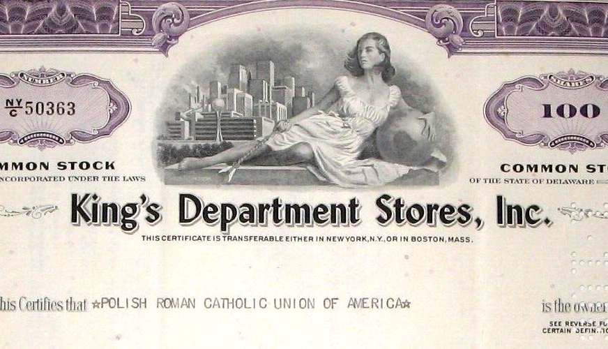 KING'S DEPARTMENT STORES, INC. STOCK CERTIFICATE VINTAGE 1967 100