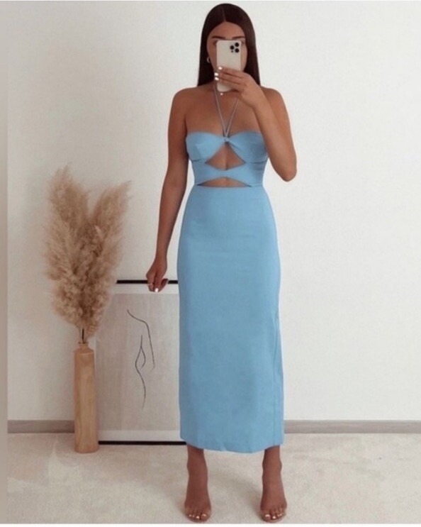 ZARA PALE BLUE CUT OUT HALTER NECK MIDI DRESS SIZE SMALL | eBay