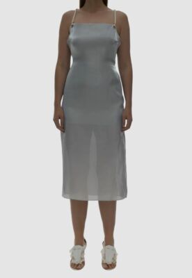 helmut lang silver dress Helmut Lang Silk Drape Dress in Metallic Neutral