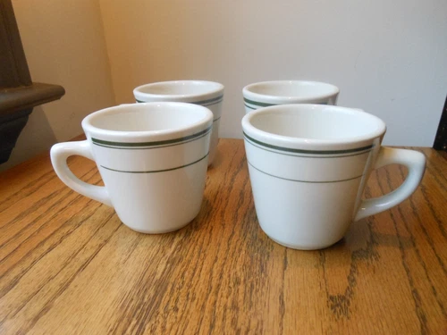Vintage Restaurant Coffee Mugs Cups Lot of 4 Green And White Pottery Heavy