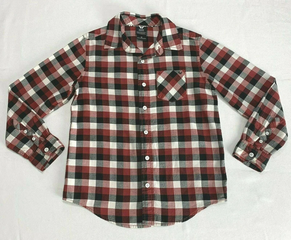 Camisa Shaun branca masculina botão para baixo tamanho M 6-7 xadrez vermelha manga longa gola alta - Imagem 2 de 4