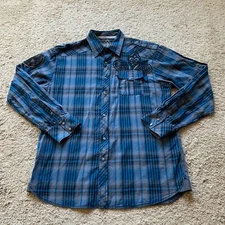 Roar Shirt Mens Extra Large Blue Plaid Long Sleeve Zipper Pearl Snap 100% Cotton