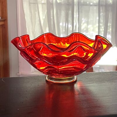 8'' Double Ruffle Amberina Orange Yellow Viking Glass Bowl Mid Century