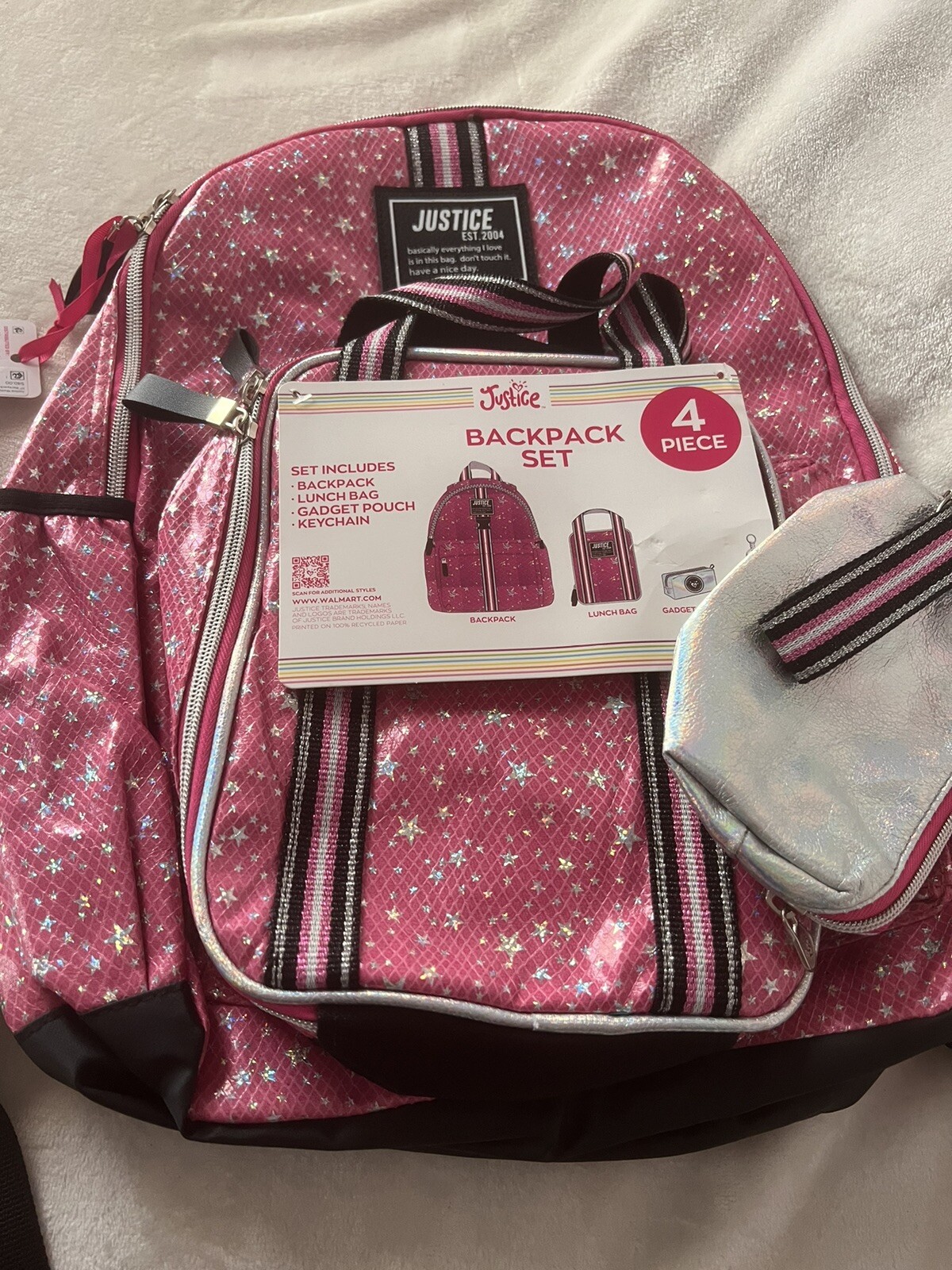 NWT Justice Girls Backpack, Lunch Tote and Pencil Case,4Pc Set Pink