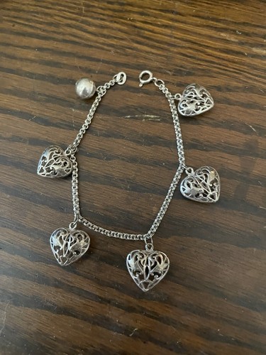 925 Sterling Silver 3D Heart Charm Bracelet Free Shipping 7” - Picture 5 of 8