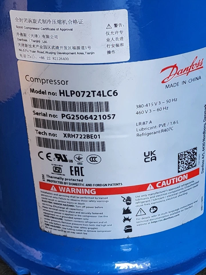 Danfoss 120U1756 HLP072T4LC6 Compressor 460v 3PH 6Ton 72,000 BTU - Image 2 of 2