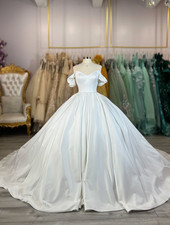Elegant Wedding Dresses Off The Shoulder Satin A Line Sweep Train Bridal Gowns