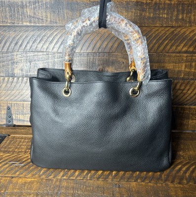Mark and Graham Bamboo Elisabetta Slouch Leather Ppled Handbag Black Mono Remve