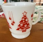 Vintage Hazel-Atlas Milk Glass Red Christmas Tree 8oz Egg Nog Cup Mug Excellent