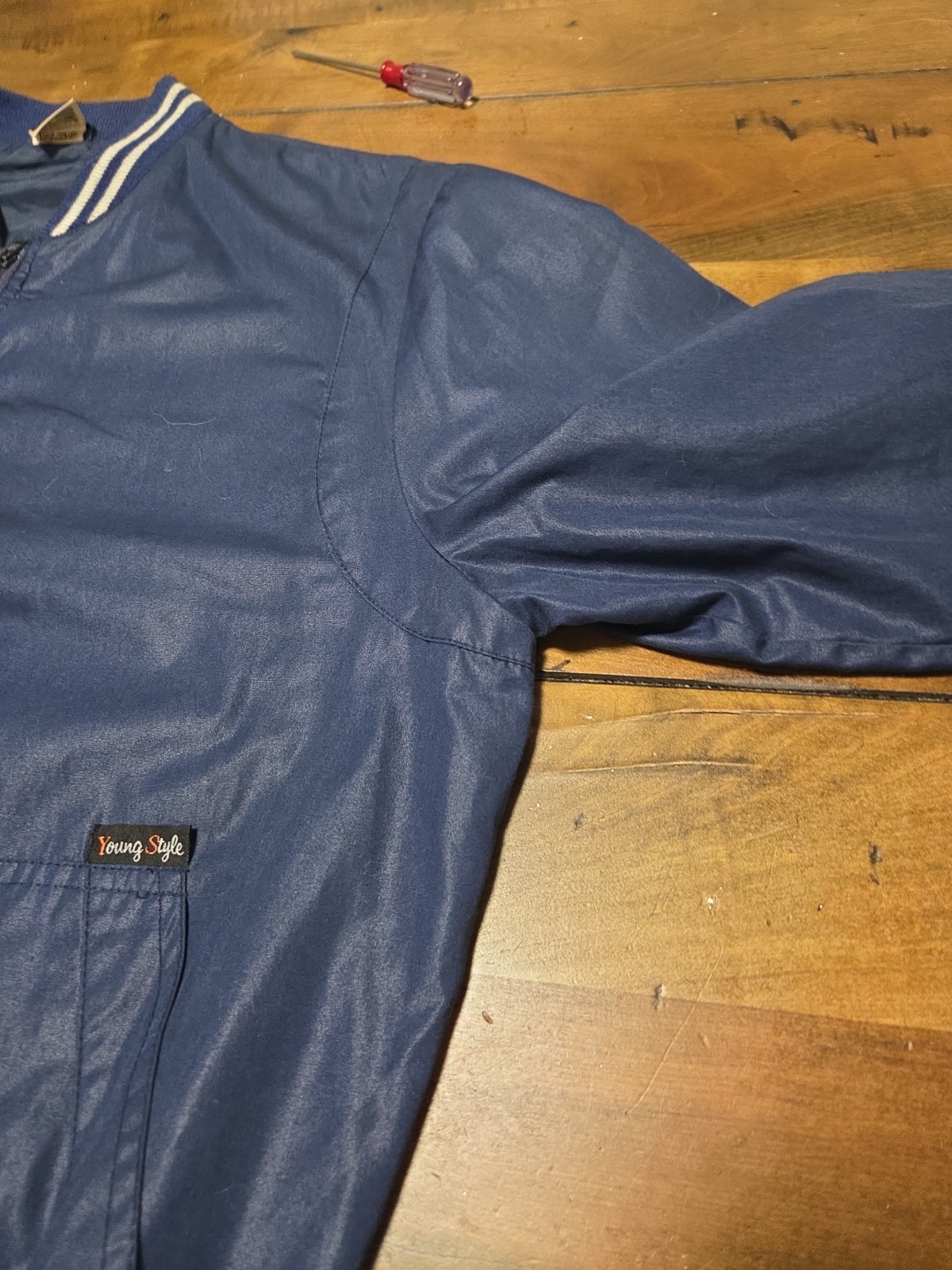 Vintage 80s Young Style Jacket Navy Blue Baseball Varsity Windbreaker Large 52 image 8
