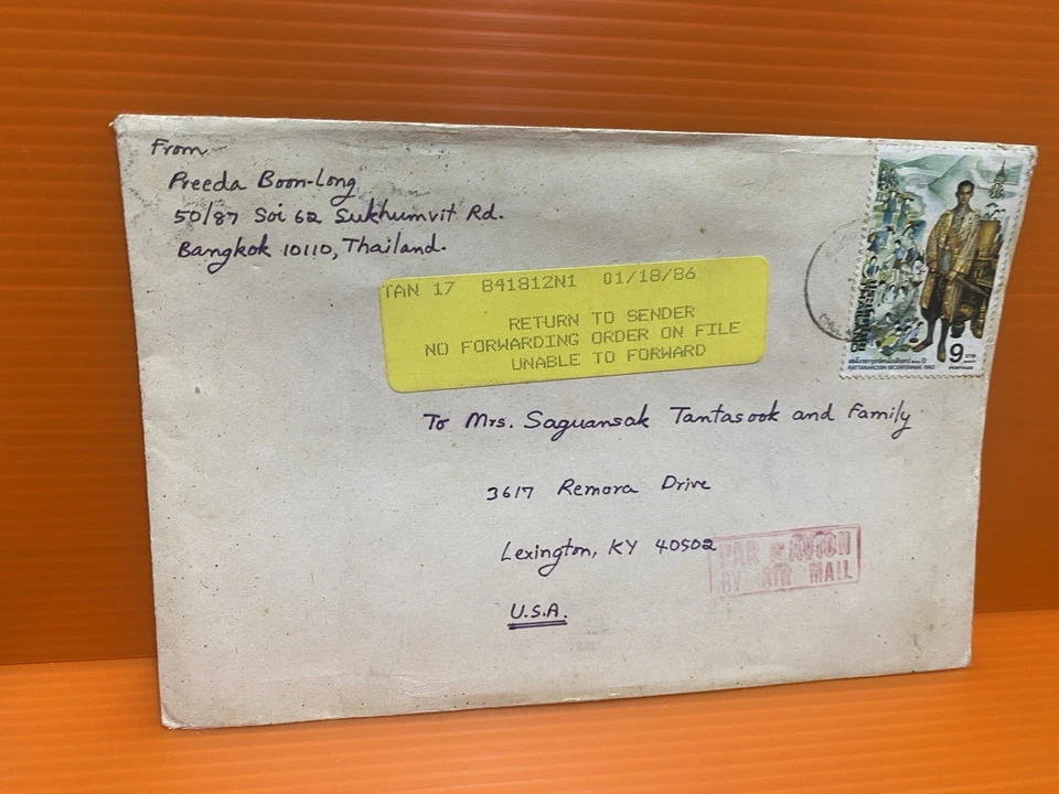 Thailand 1986Air Mail Cover To USA Retour Senders Solo Stamp King9 Free Shipping - Image 3 of 4