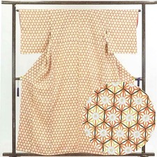 Recycled Komon Silk Kimono, Light Yellow Kikkou Pattern, Lined M