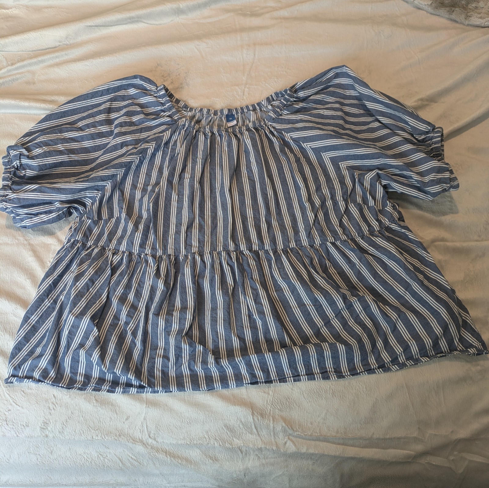 Old Navy Top Womens 2X Blue Stripe Puff Sleeve Elastic Boho Peasant Blouse