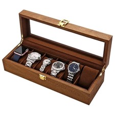 Luxury Wooden Watch Box 6 Slots Glass Top Display Case Suede Jewelry Storage UK