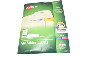 Avery 8366 File Folder Labels 1/3 Cut White 750 Labels Sure Feed Inkjet Laser