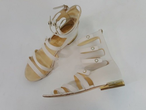 Chanel Ivory Leather Inerlocking CC Pearl Gladiator Sandals Shoes Size 38