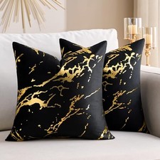 Velvet Decorative Pillow Covers Gold Marble Pattern 18" x 18" Pack of 2 Black