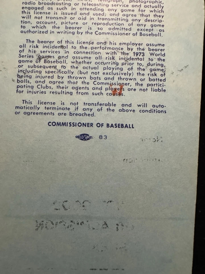 1973 NY Mets vs Athletics World Series Press Pass Shea Stadium Unused #798 - Image 3 of 3