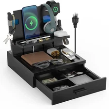 Nightstand Organizer for Men, Bedside Nightstand Organizer with Drawer, Wood ...