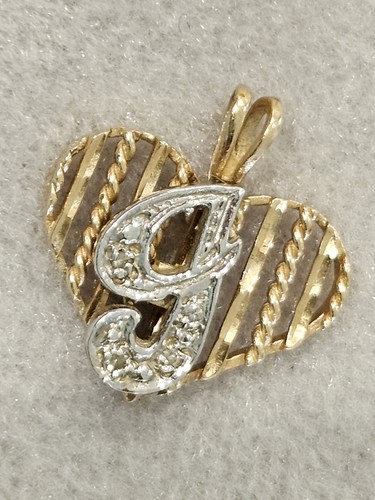 Vintage 14K Yellow Gold Heart 14K White Gold Letter G w/ Diamonds Pendant 5/8" - Picture 1 of 14