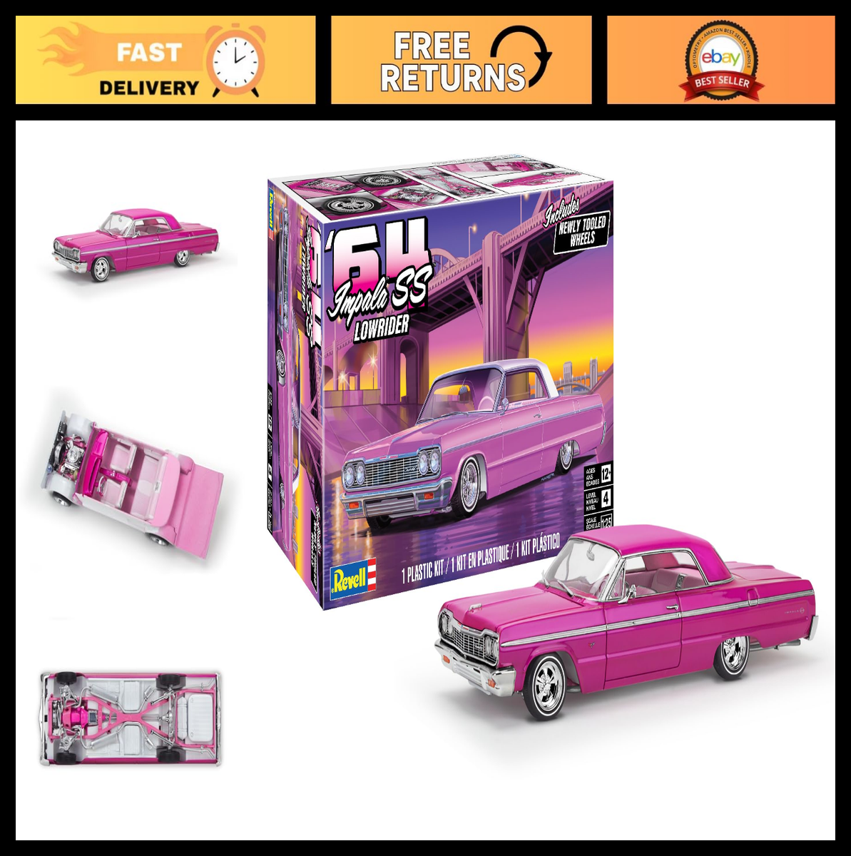 64 Chevy Impala SS Lowrider Model Kit 1:25 Scale, 154-Piece, Skill