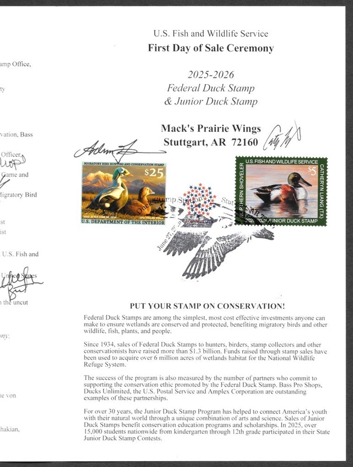 2025 US Federal Waterfowl Duck Stamp RW92 & JDS33 First Day of Issue Program - Image 3 of 4