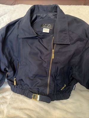 Vtg.Style Izzy Cropped Bomber Jacket Womens Medium Navy Blue Full Zip w/ Buckle